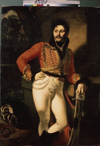Husaari eversti Eugraph Davydov (1775-1823) muotokuva. (Husaari eversti E. Davydovin muotokuva). Oreste Adamovich Kiprensky (Kiprenski) (1782-1836) maalaus öljy kankaalle tekijältä Orest Adamovich Kiprensky