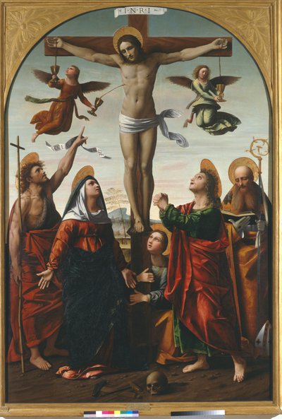 Ristiinnaulitseminen Neitsyen ja Pyhän Johannes Kastajan, Pyhän Maria Magdaleenan, Pyhän Johannes evankelistan ja Pyhän Augustinuksen kanssa tekijältä Ortolano