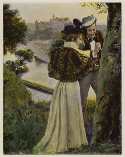 Pariskunta kaivertaa nimikirjaimia puun kuoreen (väri litho) tekijältä Oscar Bluhm