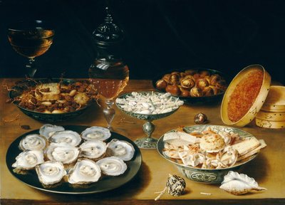 Astiat ostereilla, hedelmillä ja viinillä, n. 1620-25 (öljy levylle) tekijältä Osias the Elder Beert