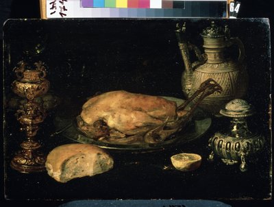 ""Kanan, sitruunan, leivän, hopean ja öljylampun asetelma"" (Asetelma) Osias Beert vanhemman (1580-1624) maalaus 1600-luvun Mikhail Kroshitskyn taidemuseo, Sevastopol (Sevastopol) Ukraina tekijältä Osias the Elder Beert