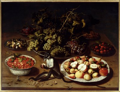 Hedelmien asetelma apinoiden ja perhosten kanssa. Maalaus Osias I Beert (1570-1624) Ec. Flam. tekijältä Osias the Elder Beert
