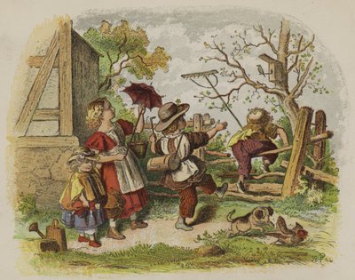 Ryhmä lapsia leikkimässä ulkona (väri litho) tekijältä Oskar Pletsch