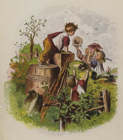 Ryhmä lapsia leikkimässä ulkona (väri litho) tekijältä Oskar Pletsch