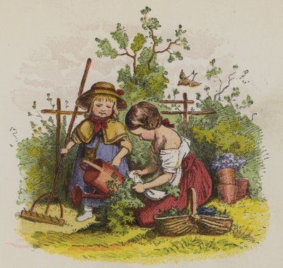 Kaksi tyttöä puutarhanhoitoa (väri litho) tekijältä Oskar Pletsch