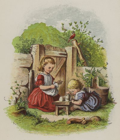 Kaksi pientä tyttöä leikkimässä puutarhassa (väri litho) tekijältä Oskar Pletsch