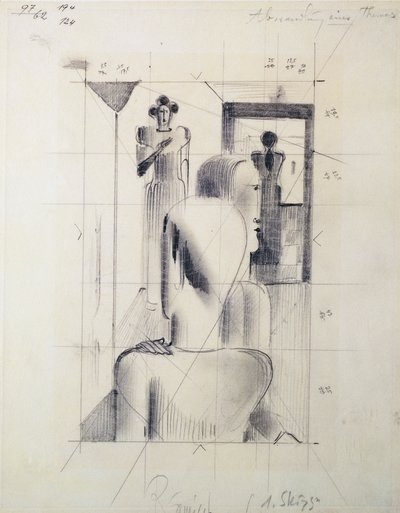 Figuurit huoneessa, Oskar Schlemmer (1888-1943), kynä paperille. Saksa, 1900-luku. tekijältä Oskar Schlemmer