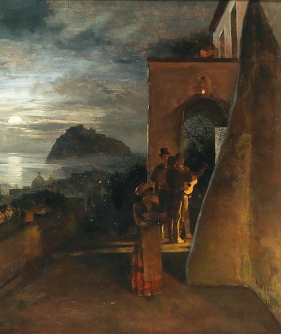 Ischian iltaserenadi, Castello Aragonese taustalla tekijältä Oswald Achenbach