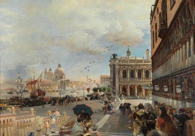 Venetsia, näkymä Piazzettaan, jossa on Biblioteca Marciana, Santa Maria della Salute ja Dogana. tekijältä Oswald Achenbach