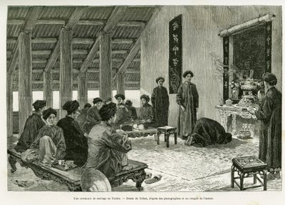 Hääseremonia Tonkinissa. Tofanin kaiverrus havainnollistamaan tarinaa Trente mois au Tonkin, vuonna 1884, tohtori Paul Hocquard, in le tour du monde 1890 Edouard Chartonin (1807-1890) johdolla, Hachette, Pariisi. tekijältä Oswaldo Tofani