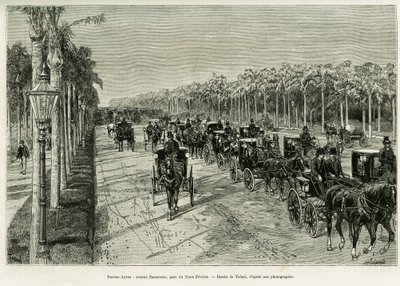 Buenos Aires, Sarmiento Avenue, Kolmen helmikuun puisto. Tofanin kaiverrus havainnollistamaan tarinaa Voyage a la Plata, vuonna 1886, kirjoittanut Emile Daireaux, in le tour du monde 1888, ohjannut Edouard Charton (1807-1890), Hachette, Pariisi. tekijältä Oswaldo Tofani