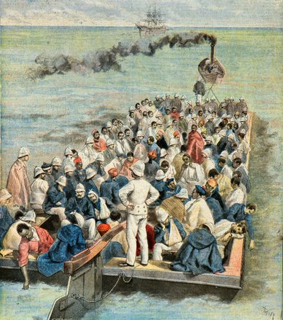 Madagaskarin retkikunnan haavoittuneiden saapuminen laivasairaalaan vuonna 1896 (kaiverrus). tekijältä Oswaldo Tofani