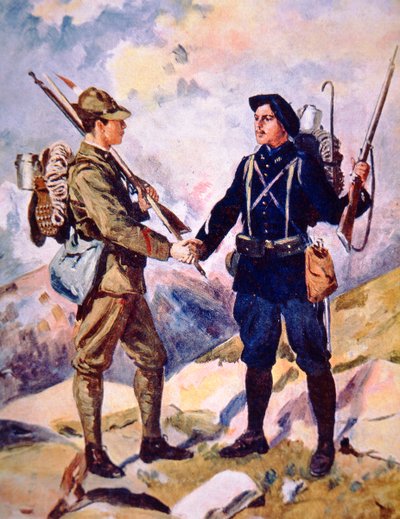 "Frères Alpins", italialaiset ja ranskalaiset alppisotilaat kättelevät aseiden ja vuoristotaitojen tovereina (väri litho) tekijältä Oswaldo Tofani