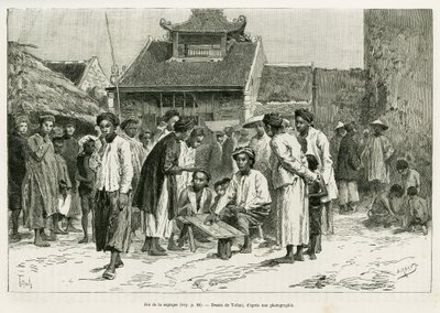 Sapequen peli. Tofanin kaiverrus havainnollistamaan tarinaa Trente mois au Tonkin, vuonna 1884, tohtori Paul Hocquard, in le tour du monde 1890 Edouard Chartonin (1807-1890) johdolla, Hachette, Pariisi. tekijältä Oswaldo Tofani