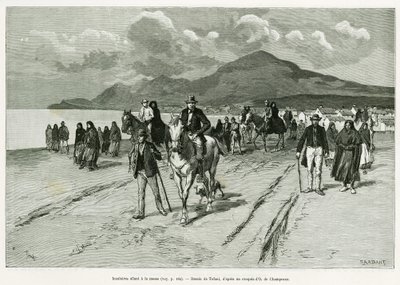 Saaristolaiset menossa messuun. Tofanin kaiverrus havainnollistamaan tarinaa Trois mois en Irlande, vuonna 1889, Marie anne de Bovet, in le tour du monde 1890, ohjaaja Edouard Charton (1807-1890), Hachette, Pariisi. tekijältä Oswaldo Tofani