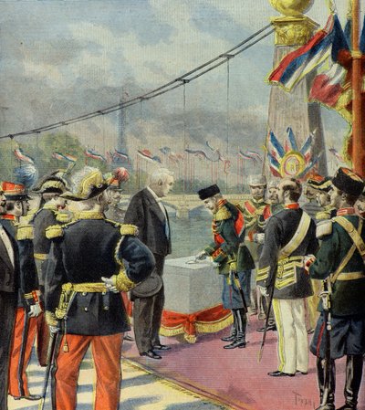 Nicolas 2 laskee Alexandre 3 -sillan ensimmäisen kiven Felix Fauren läsnä ollessa, Pariisi 1896 (kaiverrus). tekijältä Oswaldo Tofani