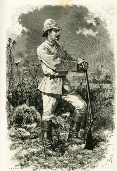 Tofanin kaiverrus tohtori Emile Holubista, tutkimuspuvussa, havainnollistamaan tarinaa "Au pays des Marutses", vuosina 1875-1879, tohtori Emile Holub (1847-1902). Julkaistu Tour du mondessa, 2. lukukausi 1883, toimittanut Edouard Charton (1807-1890) tekijältä Oswaldo Tofani