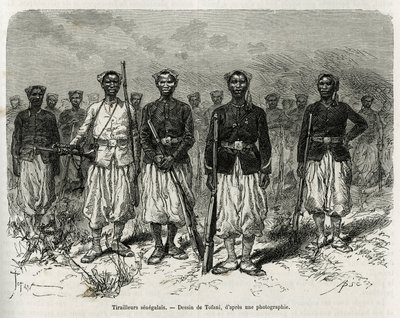 Retkikunnan saattajan senegalilaiset ratsastajat. Tofanin kaiverrus havainnollistamaan merijalkaväen komentaja Gallienin Haut Nigerin tutkimustarinaa vuosina 1880-1881, julkaistu Tour du mondessa, Edouard Chartonin (1807) johdolla. tekijältä Oswaldo Tofani