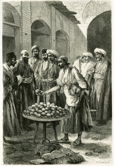 Kalastuskauppias Kachanissa (tai Kashanissa Teheranin maakunnassa, nykyisessä Iranissa). Tofanin kaiverrus valokuvasta havainnollistamaan tarinaa "" Persia, Chaldee ja Susiane"" vuosina 1881-1882, kirjoittanut Jane Dieulafoy (s. Magre tekijältä Oswaldo Tofani