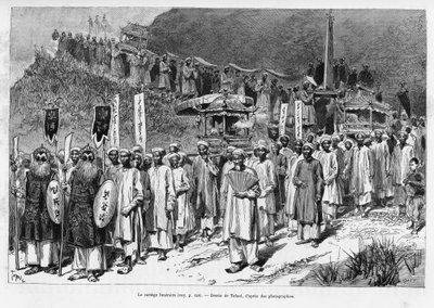 Hautauskorteesi. Tofanin kaiverrus havainnollistamaan tarinaa Trente mois au Tonkin, vuonna 1884, tohtori Paul Hocquard, in le tour du monde 1890, Edouard Chartonin (1807-1890) johdolla, Hachette, Pariisi. tekijältä Oswaldo Tofani
