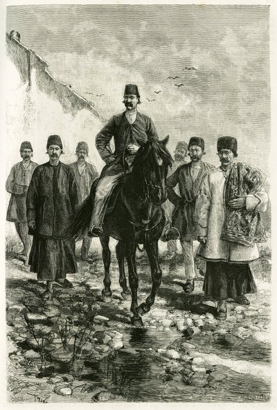 Kachanin (tai Kashanin Teheranin maakunnassa, nykyisessä Iranissa) kuvernööri ratsastaa mustalla hevosella ja hänen sviittinsä on jalkaisin. Tofanin kaiverrus valokuvasta havainnollistamaan tarinaa "" Persia, Chaldee ja Susiane"" vuosina 1881-1882, kirjoit tekijältä Oswaldo Tofani