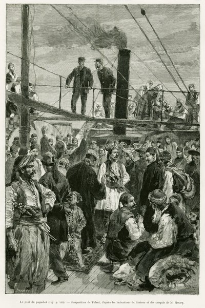 Laivan kansi. Tofanin kaiverrus havainnollistamaan tarinaa Voyage en Thessalie vuonna 1882, Paul Monceaux, in le tour du monde 1887, ohjaaja Edouard Charton (1807-1890), Hachette, Pariisi. tekijältä Oswaldo Tofani