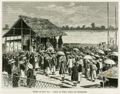 Teatteri tuulessa. Tofanin kaiverrus valokuvan jälkeen havainnollistamaan tarinaa Trente mois au Tonkin, vuonna 1884, tohtori Paul Hocquard, in le tour du monde 1890 Edouard Chartonin (1807-1890) johdolla, Hachette, Pariisi. tekijältä Oswaldo Tofani