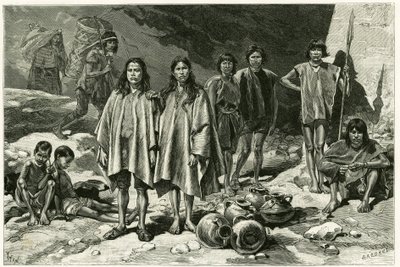 Ecuadorin Cordillere-intiaanityypit, vasemmalla, taustalla, Nanegalin Yumbos, etualalla Lojanos, keskellä pari Zaparoa, oikealla Jivaros-soturit. Tofanin kaiverrus, asiakirjoihin perustuva, havainnollistamaan storia tekijältä Oswaldo Tofani