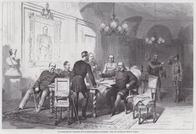 Preussin armeijan komentajat pitävät sotaneuvostoa Versaillesissa, Ranskan ja Preussin sota, 6. joulukuuta 1870 (kaiverrus) tekijältä Otto Johann Heinrich Heyden