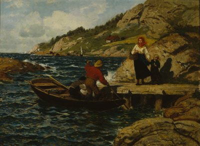 Kalastaja, nainen ja lapsi laiturilla tekijältä Otto Ludvig Sinding