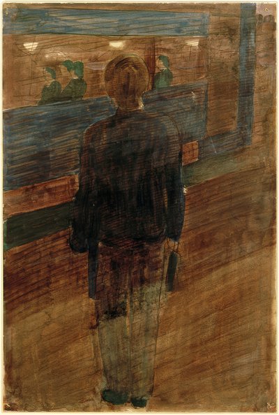 Nuori mies raitiovaunun edessä tekijältä Otto Meyer Amden