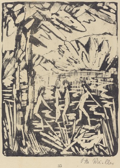 Viisi tyttöä metsälammikolla (Funf Madchen am Waldteich) tekijältä Otto Müller