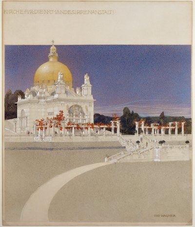 Wienin mielisairaalan, Steinhofin mielisairaalan kirkko ... (värikynä, tussi, tussi ja tussilla värjätty) tekijältä Otto Wagner