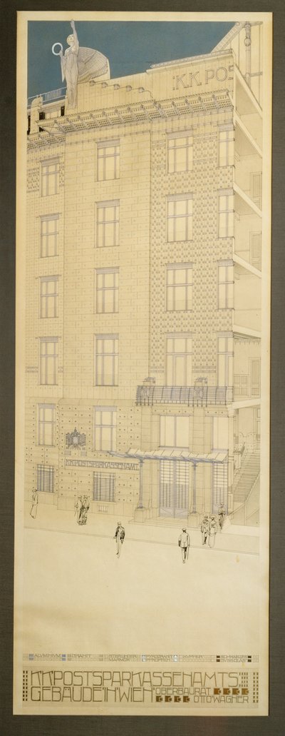 Suunnitelma Wienin postisäästöpankin kilpailua varten ... (kynä ja musta muste, sininen väriliitu, kultamaali) tekijältä Otto Wagner