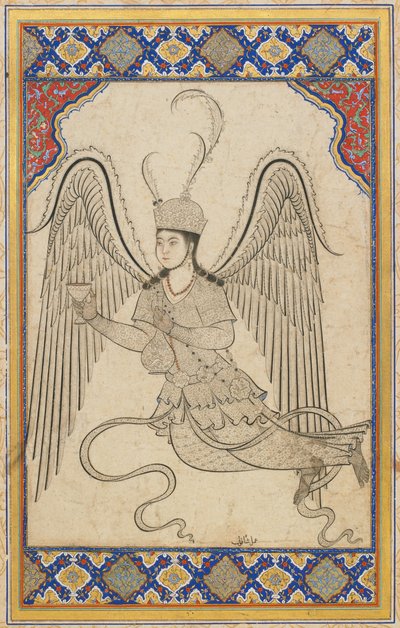 Enkeli, lentävä, kuppi ja viinipullo (muste, väripesu ja kulta paperille) tekijältä Ottoman School