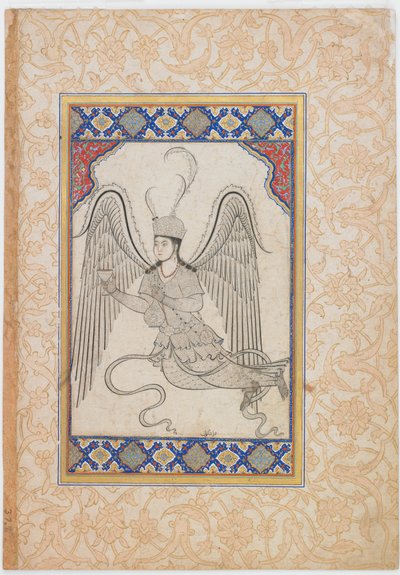Enkeli, lentävä, kuppi ja viinipullo (muste, väripesu ja kulta paperille) tekijältä Ottoman School