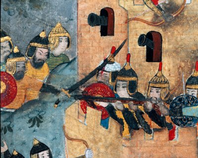 Taistelukohtaus Murad III:n (1546-1595) ottomaanien armeijan (vas.) ja vahvan Detail-tartaarin puolustajien välillä. Codex-miniatyyri R-1296. 1500-luvun Topkapi Sarayi -museokirjasto Istanbulissa tekijältä Ottoman School