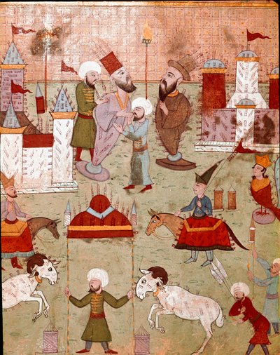 Ottomaanien sulttaani Murad II:n pojan (Murat) (1404-1451) ympärileikkauksen yhteydessä järjestetyt juhlat, ilotulituksen valmistus 1500-luvun Istanbulin pienoismalli, Topkapi Sarayi -museon kirjasto tekijältä Ottoman School