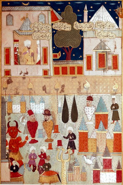 Ottomaanien sulttaani Murad II:n pojan (Murat) (1404-1451) ympärileikkauksen yhteydessä järjestetyt juhlat, ilotulituksen valmistus 1500-luvun Istanbulin pienoismalli, Topkapi Sarayi -museon kirjasto tekijältä Ottoman School
