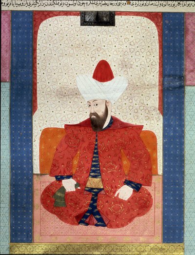 Ottomaanien valtakunta: "" Osmanien valtakunnan sulttaani Orhan (Orkhan tai Urchan) I (1281-1360) muotokuva"" Pienoiskuva teoksesta "" Zubdat al Tawarikh"" (Ms. 1973, sivu 59b), kirjoittanut Seyyyd Lokman Ashuri 1583 Istanbul, turkkilais-islamilainen taide tekijältä Ottoman School