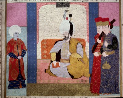Ottomaanien valtakunta: "" Sulttaani Murad III (1546-1595) ympäröi hoviherraa""" Miniatyyri "Zubdat al Tawarikhista"" (Ms. 1973, jakso 59b), kirjoittanut Seyyd Lokman Ashuri 1583 Istanbul, turkkilais-islamilainen taidemuseo tekijältä Ottoman School