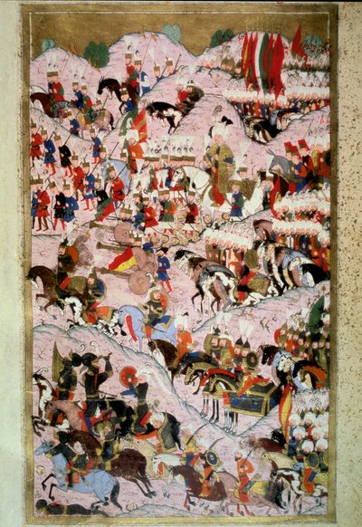 Ottomaanien valtakunta: "" Sulttaani Soliman (Suleyman) Sanoin mahtavan Mohacsin taistelussa 29.8.1526 Unkarin kuningaskunnan armeijaa vastaan, jota komensi kuningas Ludvig II.""" Pienoiskuva Lokmanin "Hunername":stä, vol. 1 (H 1523, f. 256b) 1584 Topkapi  tekijältä Ottoman School