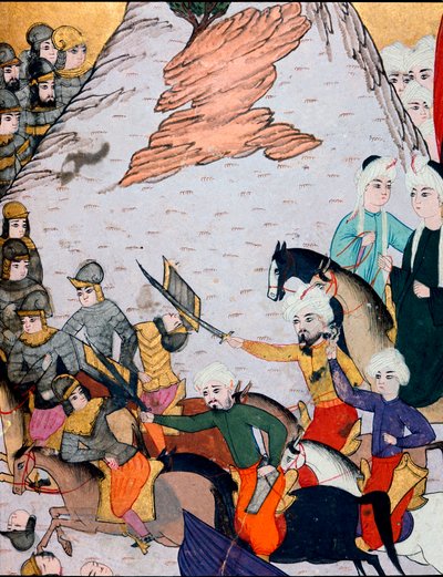 Ottomaanien valtakunta: yhteenotot sulttaani Bayezid I:n (Bajazet) (1360-noin 1402) armeijan välillä Ranskan ja Unkarin liittoa vastaan Nikopoliksen taistelun aikana 25.9.1396. 1400-luvun miniatyyri. Topkapi Sarayi -museon kirjasto Istanbulissa tekijältä Ottoman School