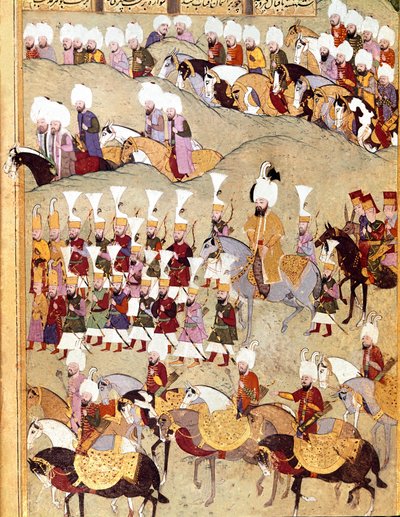Ottomaanien valtakunta: "" edustus ottomaanien sulttaani Murad II:sta (Murat) (1404-1451) ja hänen armeestaan Persian hyökkäyksen aikana""" Käsikirjoitus miniatyyri ms. FY 1404 "" Sehinsahname"" (tai Shahinshah-nameh tai Shahinshah-nameh, Shahinshah nama,  tekijältä Ottoman School
