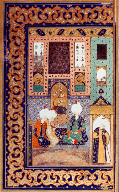 Ottomaanien valtakunta: kauheaksi kutsuttu sulttaani Selim I (1470-1520) on kahden hänen alamaisensa mukana. Miniatyyri otettu sulttaani Selim I:n kirjoittamasta "" Divanista" (runon palautus) (Ms. FY1330, 28a) 1500-luku. Istanbul, yliopisto Li tekijältä Ottoman School