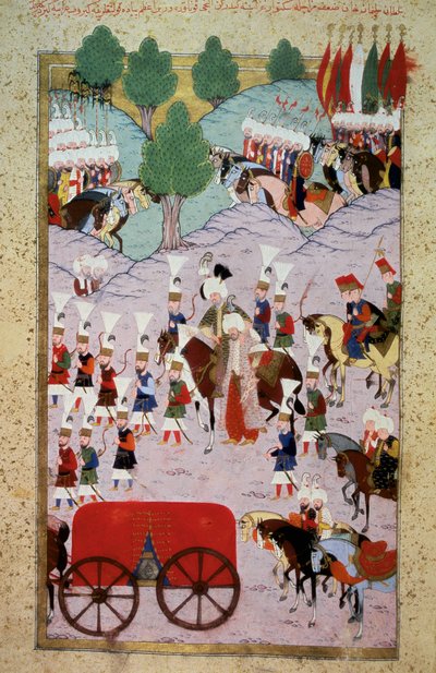 Ottomaanien valtakunta: edustus sulttaani Soliman (Suleyman) Sanoin upea (1520-1566) ja hänen armeijansa. Miniatyyri Lokmanin "Hunername" -sarjasta, osa. 1 (H 1523, f.7) 1584 Topkapi Sarayi Museum Library Istanbul tekijältä Ottoman School