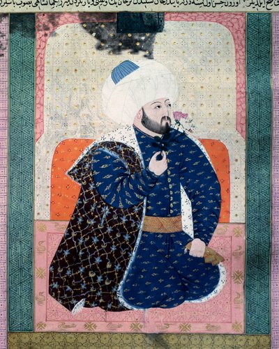 Ottomaanien valtakunnan sulttaani Mehet II (Mehmet II Valloittaja tai Mehmed II Fatih) (1430-1481) Miniatyyri käsikirjoituksesta (Ms. 1973, folio 62a) "Zubdatat-al Tawarikh" (Zubdat al-Tawarikh) ( Creme of Stories), historioitsija Seyyid Loqman As tekijältä Ottoman School