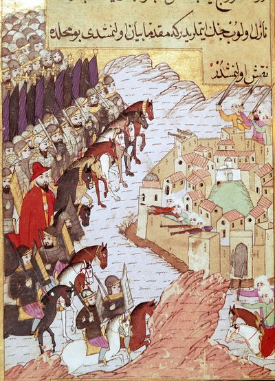Toinen ristiretki (1147-1149): ristiretket Aleppon kaupungin edessä Syyriassa. 1500-luvun miniatyyri. Topkapi Sarayi Istanbul tekijältä Ottoman School