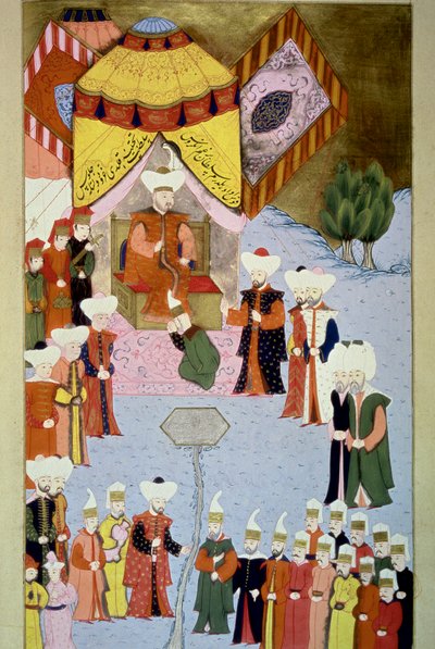 Sulttaani Bayezid (tai Bajazet) I (1360-n. 1402) omaa pienoishovinsa Lokmanin Hunernamesta, vol. 1 (H 1523, f.7) 1584 Topkapi Sarayi Museum Library Istanbul tekijältä Ottoman School
