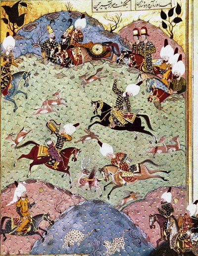 Ottomaanien keisari Soliman (Suleyman) I Upea (1494-1566) metsästämässä pienoismallia Arifin (ms. H.1517) "Suleymannamesta" 1558. Topkapi Sarayi Istanbul tekijältä Ottoman School